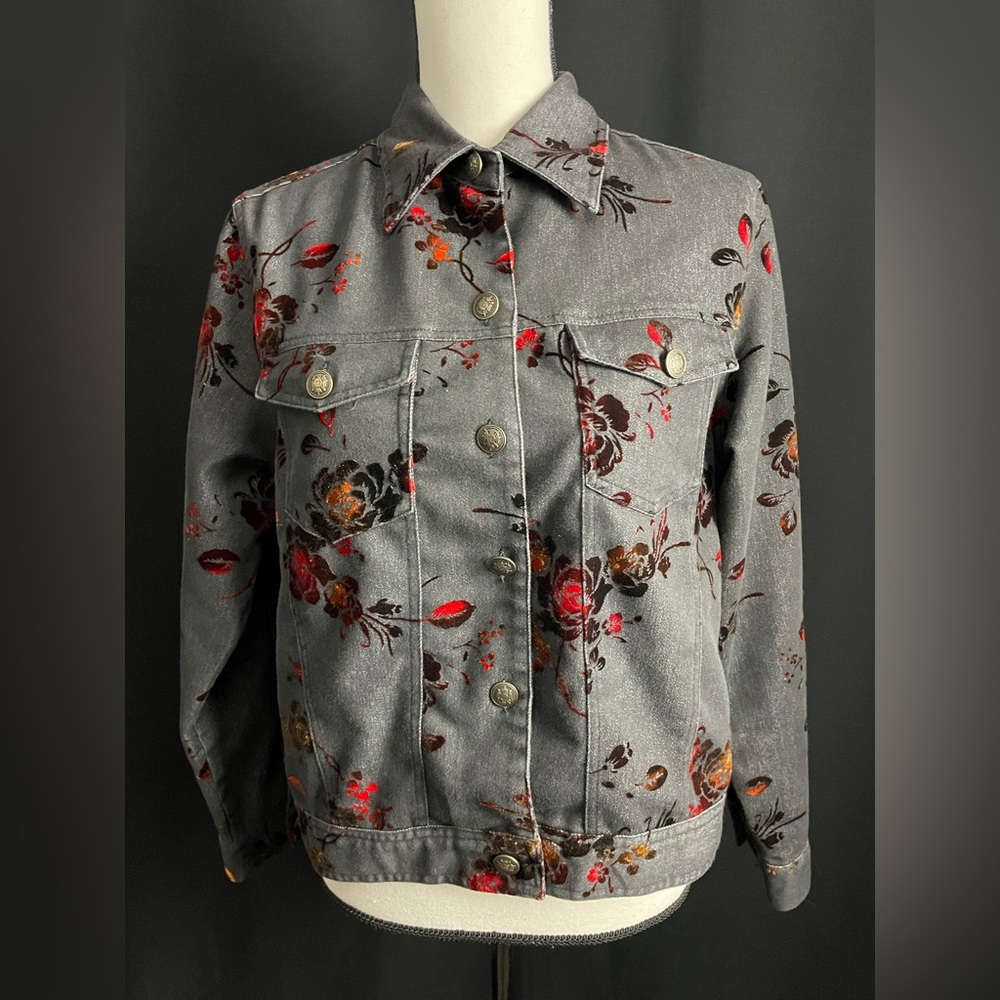 Vintage Keren Hart Floral Print Jean Jacket - Gray and Red